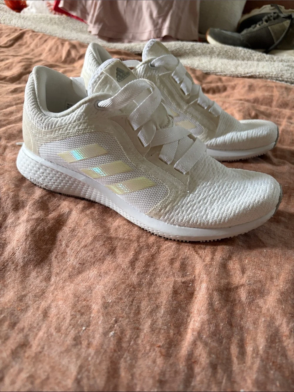 adidas White Knit Low-Top Sneakers with iridescent stripes